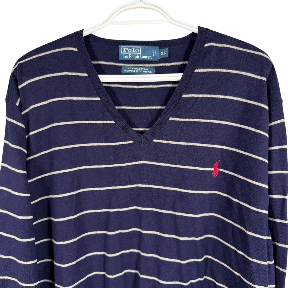 Polo Ralph Lauren V-Neck Sweater Mens XL Navy Blue Striped Pima Cotton Pony Logo